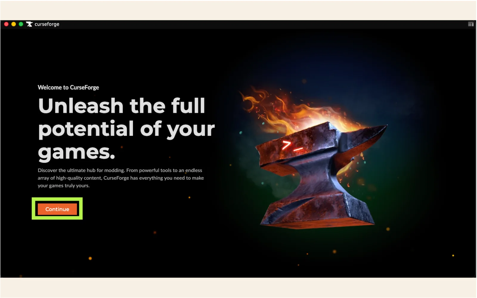 Select Continue on the CurseForge welcome screen