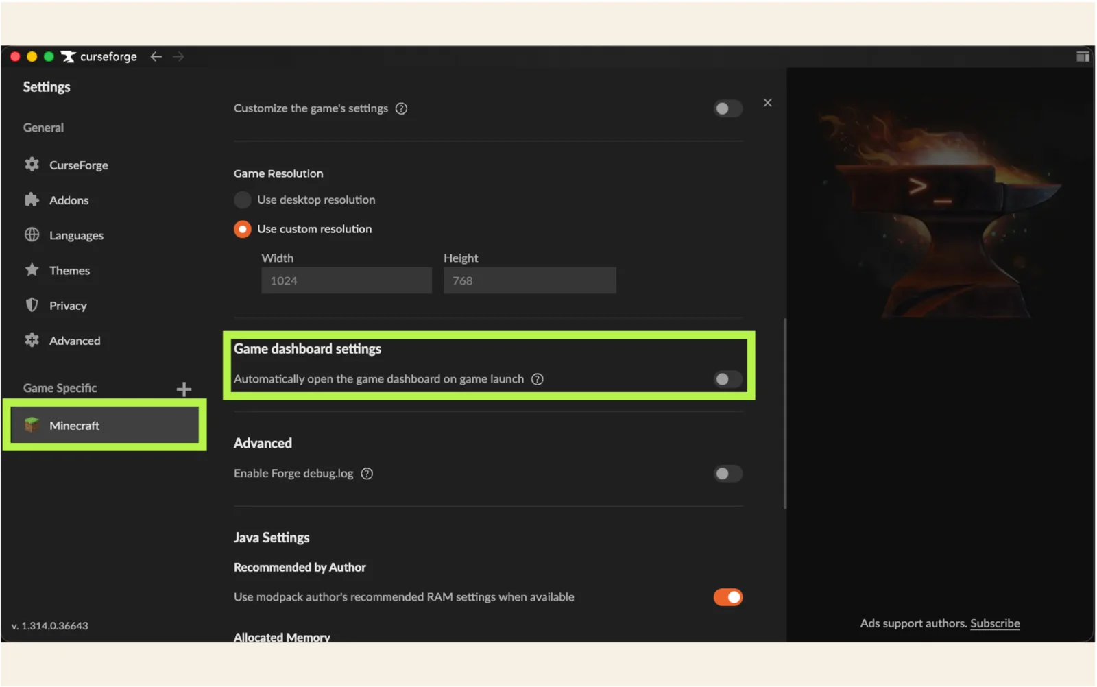 Turn off Game dashboard settings for Minecraft