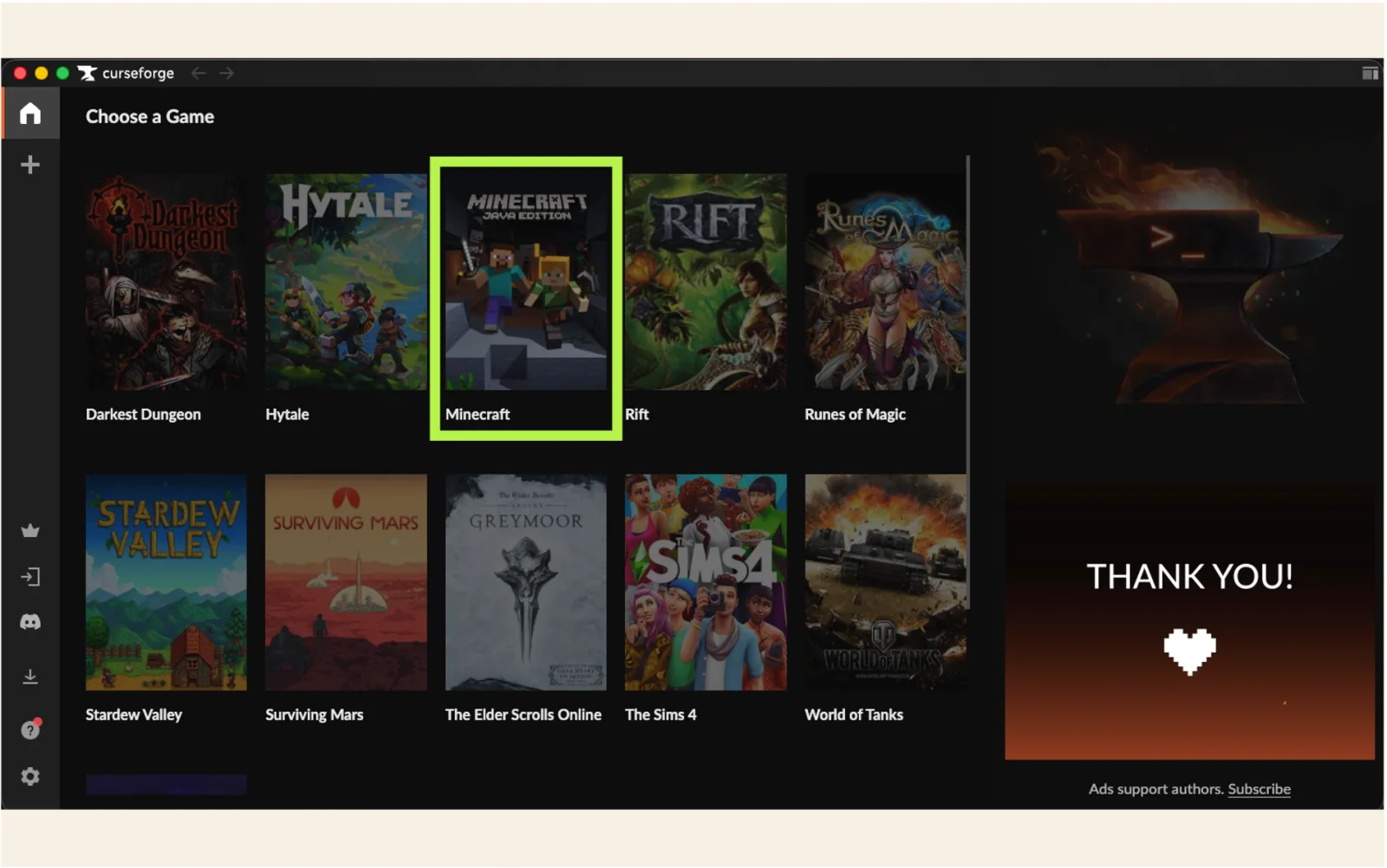 Select Minecraft from the CurseForge game list