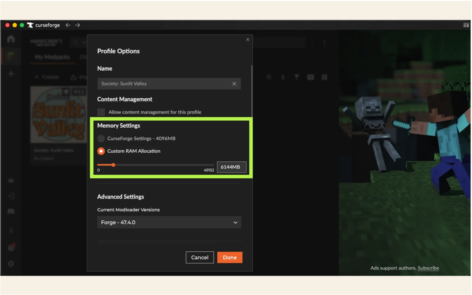 Enable custom RAM allocation and set 6144 MB
